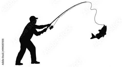 Silhouetted fisherman reeling in a large fish with a curved rod