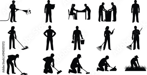 Black Silhouette Icon Set of Professional Cleaning Staff and Janitorial Workers Performing Maintenance Tasks Like Sweeping Mopping and Pressure Washing Isolated on White Background