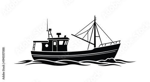 Black silhouette of a fishing boat on wavy water