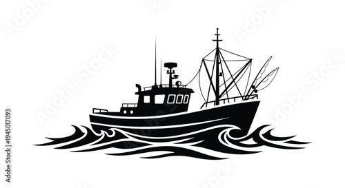 Black silhouette of a shrimp boat sailing on wavy water