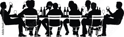 Black silhouette vector illustration of a group of friends sitting at a long table drinking wine and celebrating isolated on white background.