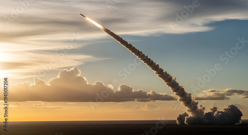 Hypersonic missile launch at sunset leaving a long thick smoke trail in the sky, advanced military technology, strategic defense, aerospace engineering, tactical weapon system