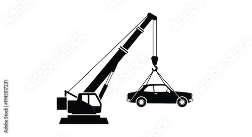 Black and white silhouette of a crane lifting a compact car