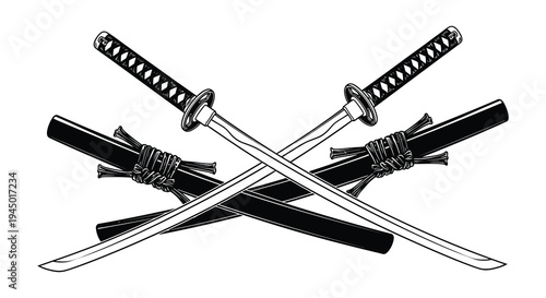 Two crossed japanese katanas with detailed hilts and blades a striking black silhouette high quality professional