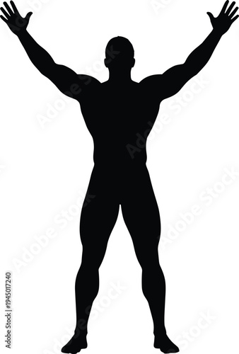 Strong muscular man silhouette with raised arms, powerful male bodybuilder pose isolated on white background, fitness strength concept for gym, sport, training design