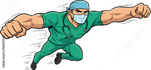 Superhero doctor flying in medical scrubs and mask, strong healthcare worker cartoon illustration symbolizing medical hero, hospital staff strength and frontline support