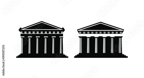 Two neoclassical buildings with columns depicted in a stark black and white style