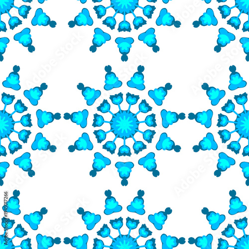 Blue floral geometric seamless pattern with symmetrical ornamental motif on light background.