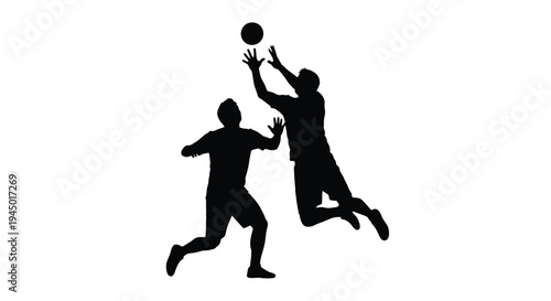 Silhouetted basketball players compete for possession during a dynamic game action