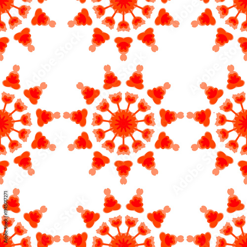 Orange floral geometric seamless pattern with symmetrical ornamental motif on light background.