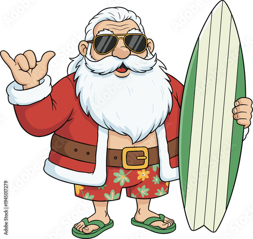 Surfing Santa Claus holding surfboard wearing sunglasses and beach shorts, funny summer Christmas cartoon character illustration isolated on white background for holiday design