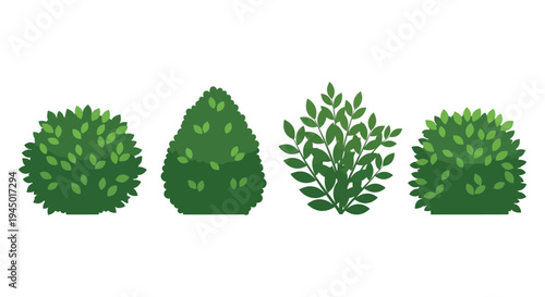 Four stylized green bushes arranged in a row presented as a flat design silhouette high quality