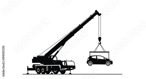 A black silhouette of a mobile crane lifting a compact car