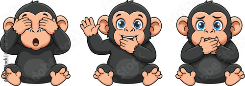 Three cute cartoon baby monkeys illustrating the see no evil, hear no evil, and speak no evil proverb on a white background.