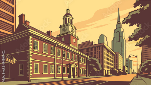 Historic Landmark Building with Steeple and Modern City Skyline at Sunset Stylized Artwork philadelphia skyline vector