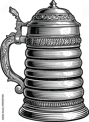 Vintage beer stein mug with ornate handle and lid, detailed antique engraving style illustration of traditional German beer tankard isolated on white