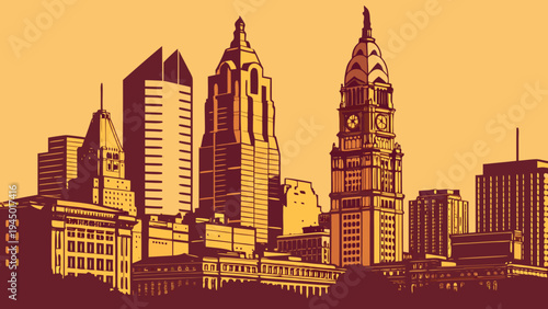 Monochromatic Downtown Skyline Silhouette Featuring Art Deco and Modern High Rise Architecture at Sunset or Sunrise philadelphia skyline vector