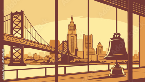 Iconic Cityscape View Through Window Featuring Bridge and Trading Bell Artwork in Sepia Tone philadelphia skyline vector