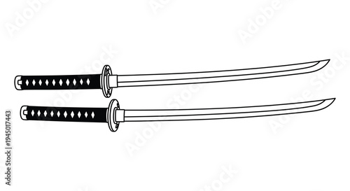 A detailed illustration of two traditional japanese katanas presented in striking black silhouette high quality professional