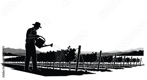A silhouetted gardener waters a vineyard against a scenic mountain backdrop