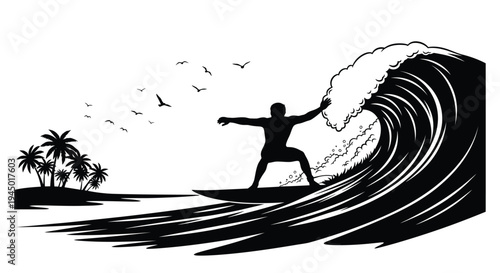 Surfer riding a large wave with palm trees and birds in the background