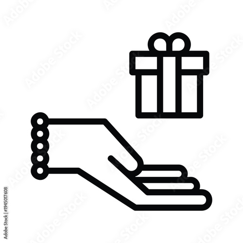 Hand holding a wrapped gift box. Single Line Icon.