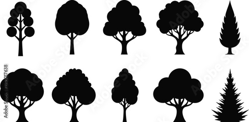 Variety of tree silhouette illustration, diverse forest artwork, natural landscape design concept, black and white botanical evergreen deciduous vector template