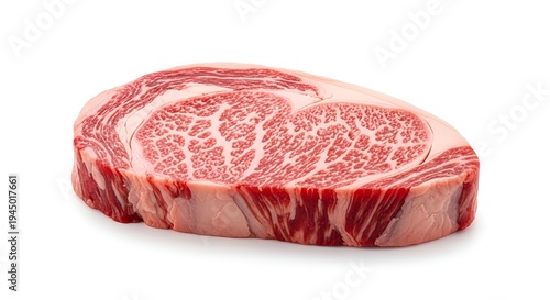 Raw Japanese Wagyu beef ribeye steak with intense marbling isolated on white background.