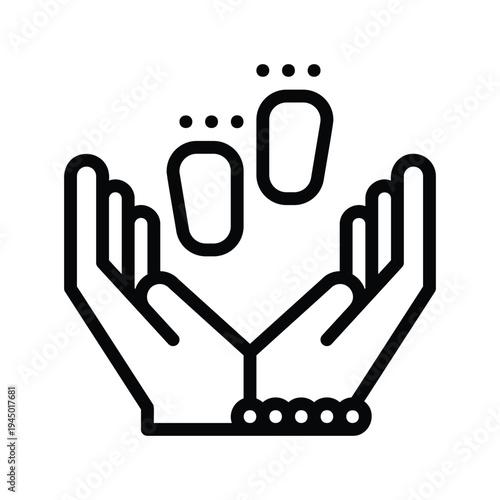 Hands cupping with footprints rising. Single Line Icon.