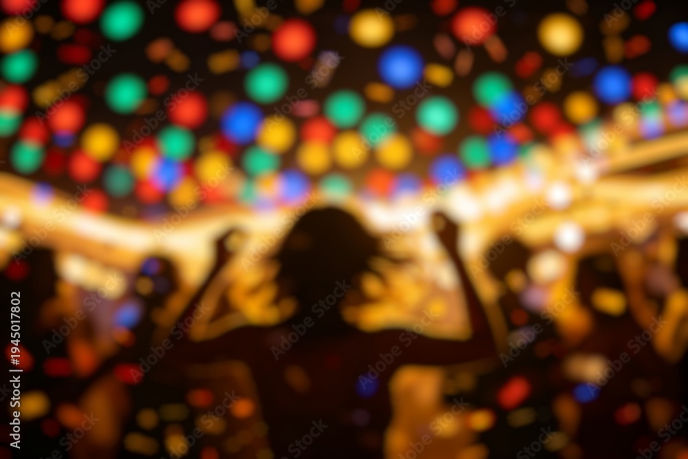 Obraz premium Defocused party scene with dancing people and vibrant bokeh lights in the background, illustrating celebration, music festival energy, and joyful nightlife event.