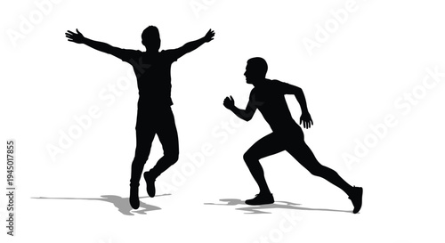 Silhouette of a man jumping and another running towards him on white
