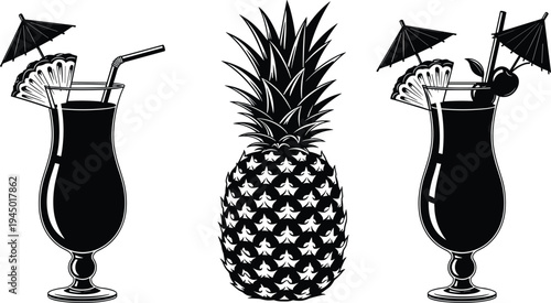 Tropical cocktail silhouette, pineapple fruit, umbrella drink, summer refreshment, vacation beverage, exotic party icon, leisure symbol, black and white illustration