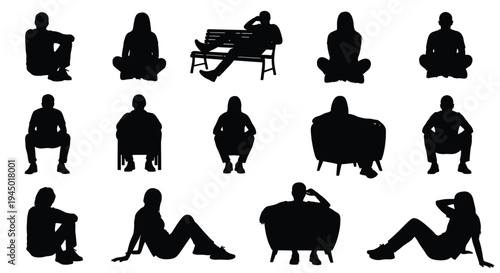 Silhouettes of people in various seated and lounging positions