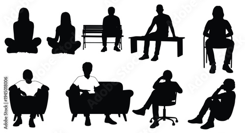 Silhouettes of people in various relaxed and contemplative sitting positions