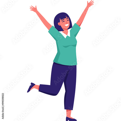 Woman jumping up with arms raised in joyful celebration outdoors