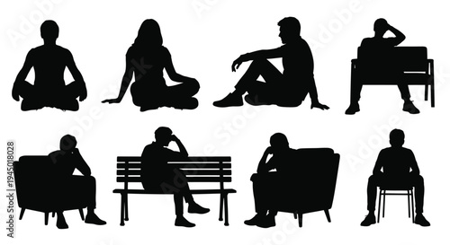 Silhouettes of people sitting and relaxing in various poses and furniture
