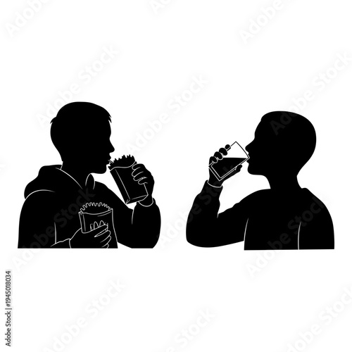Two individuals enjoying different beverages in contrasting silhouettes Vector, illustration