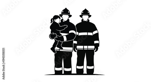 Silhouette of firefighters with a child representing bravery and rescue
