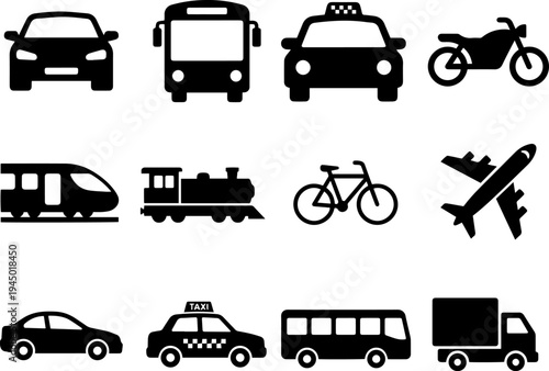 Collection of vector transport icons featuring car, truck, bus, and taxi symbols for vehicle traffic and delivery illustration