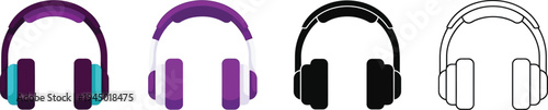 Set of modern over-ear headphones in various colors and outline style perfect vector icons for music apps audio technology and entertainment concepts