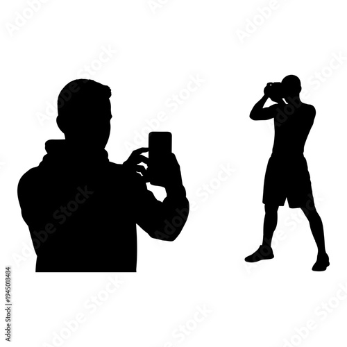 Two silhouettes capturing moments with different devices in contrasting stances. Vector, illustration