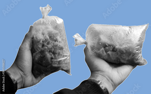 Close up of hand holding take away street food in transparent plastic bag package pixelate grayscale color halftone dotted texture style collage element isolated on blue background