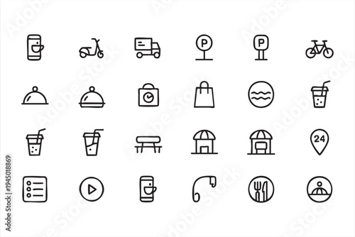 Food delivery and dining service line icon collection for mobile applications