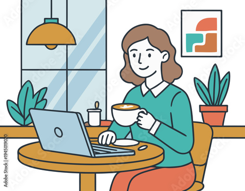 Woman sips coffee from a white mug while working on a notebook computer near a window indoors.