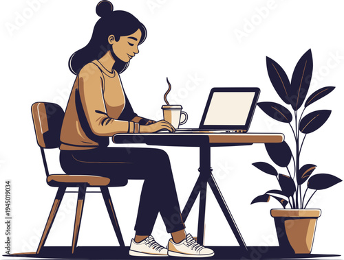 A focused woman with her hair in a bun types on a portable computer while sitting beside a large potted houseplant in a minimalist setting.