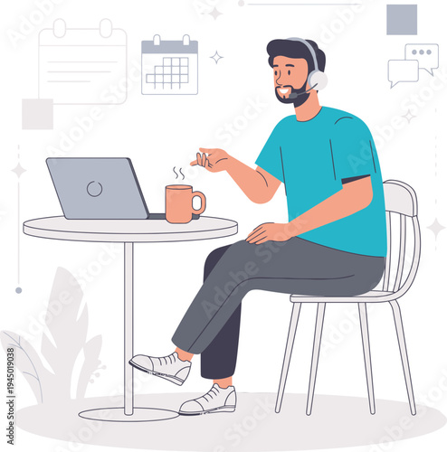 A male customer support agent wearing a headset works remotely on a laptop while holding a steaming mug at a small round table.