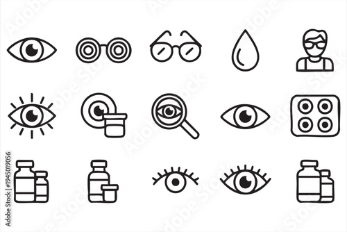 Eye treatment and optical equipment vector icon set for healthcare themes