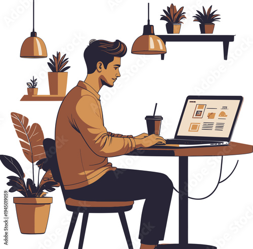 Man focuses on inputting data on a laptop screen displaying various application windows while seated at a table with plants overhead.