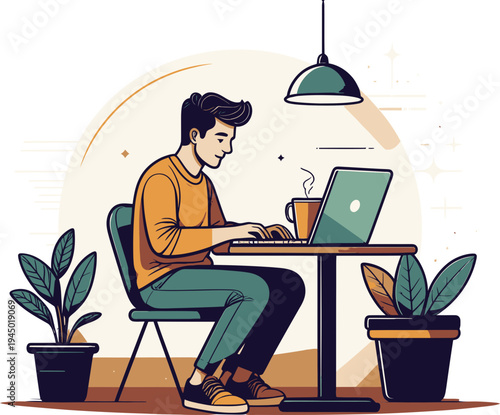 Young man works diligently on a laptop computer while sitting at a small cafe table surrounded by potted plants.