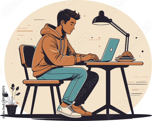 Student wearing a hooded sweatshirt types intensely on a laptop illuminated by an adjustable desk lamp at a small wooden table.